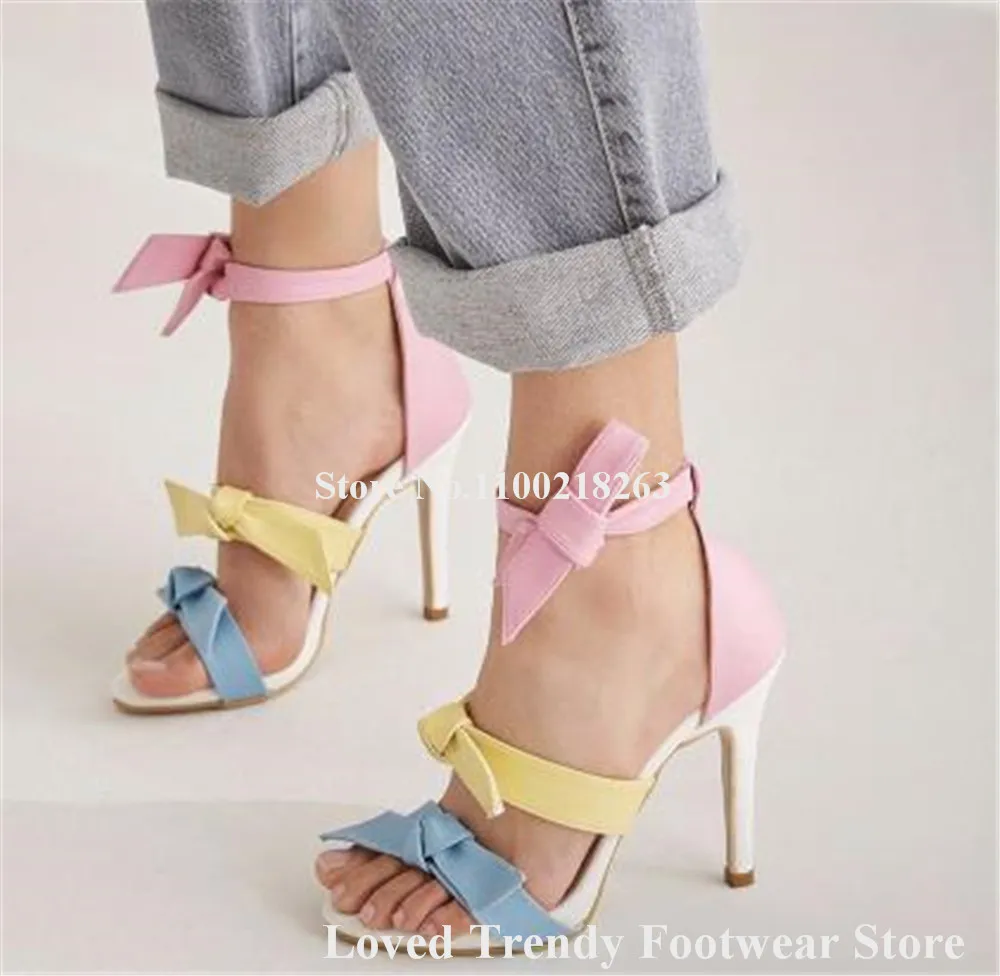 Cute Mixed-colors Bowtie Stiletto Heel Sandals Open Toe Straps Cross Bows Colorful Thin Heel Sandals Party Dress Pumps Big Size