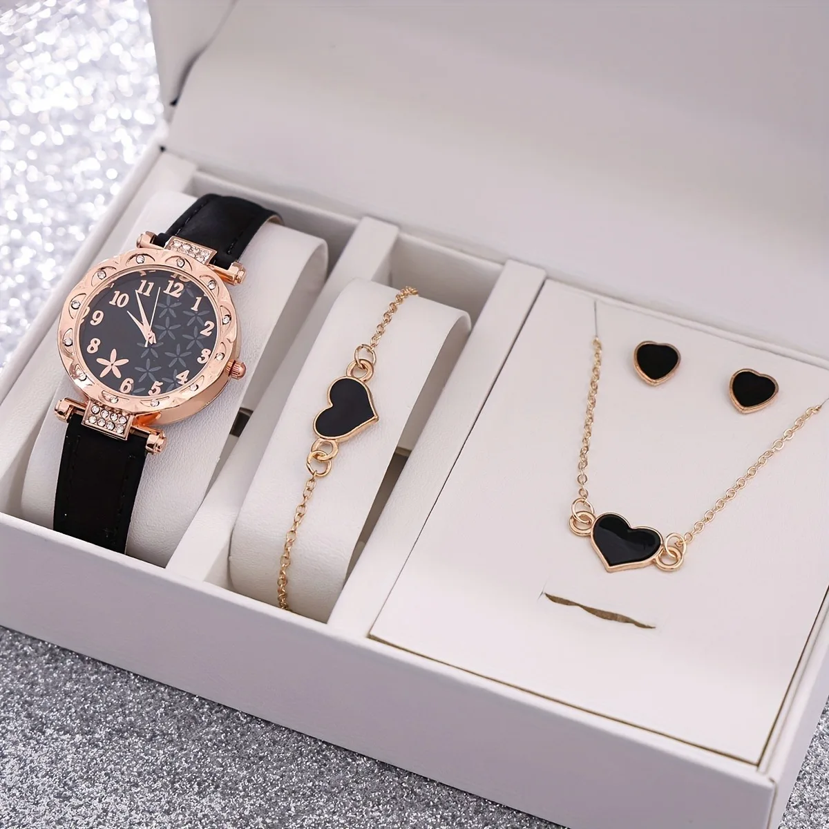 5pcs Quartz Watches For Women Pu Leather Wrist Watch With Black Heart Jewelry Set Great Gift For Her Mom Girlfriend