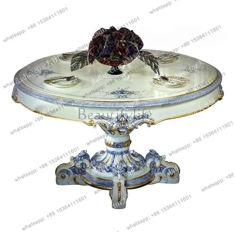 dining table and chair combination mansion French court round dining table large apartment solid wood carving dining table