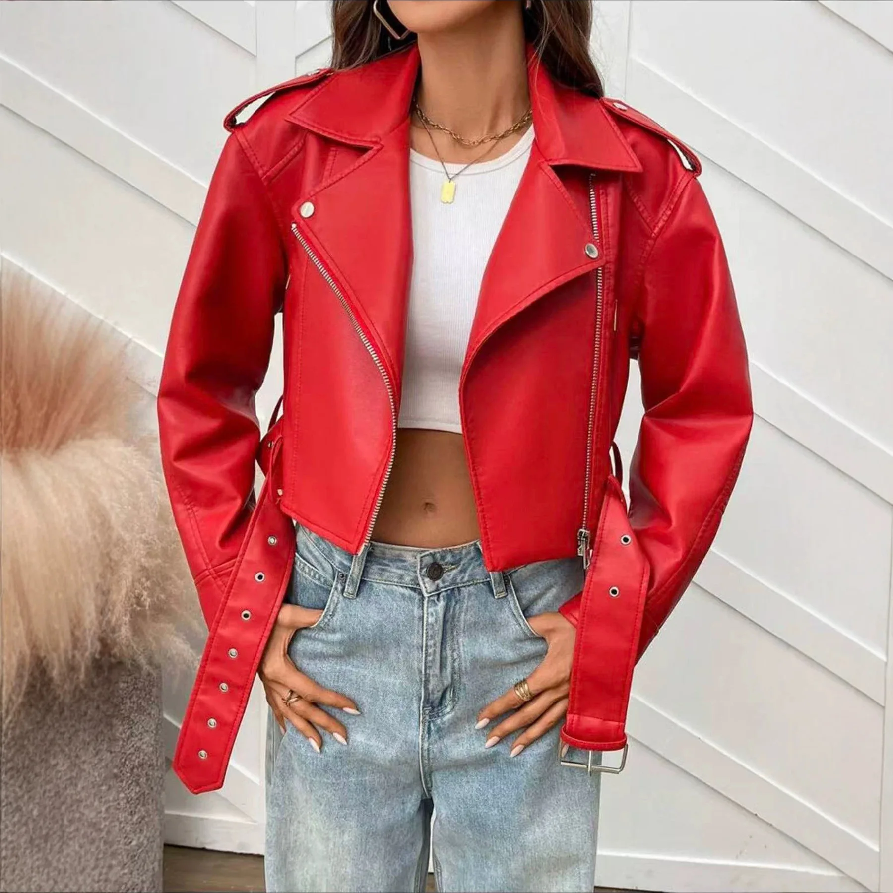 Sexy Trendy Girl Zipper Closure Long Sleeve Regular Fit Outerwear Short Street Style Motorcycle Jacket Women's PU Leather Coat