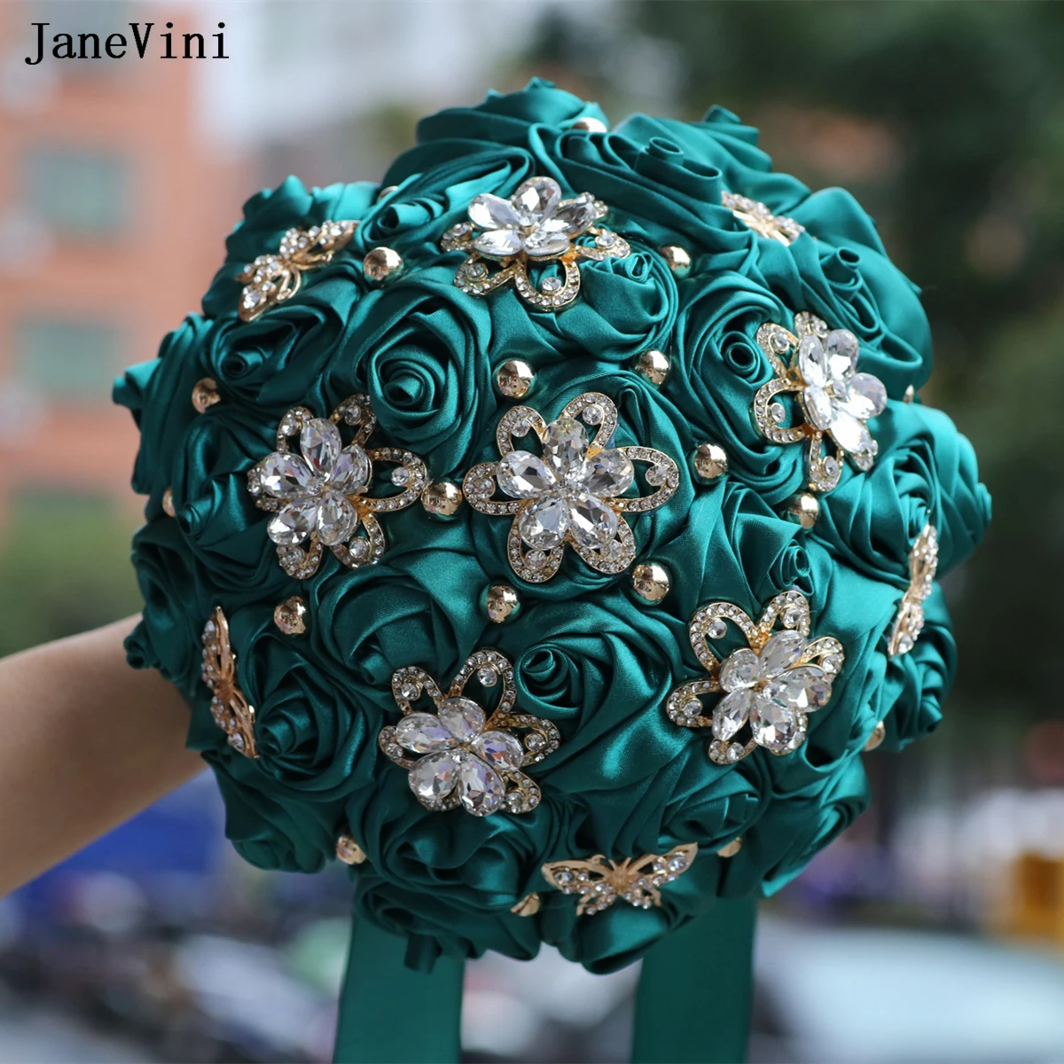 JaneVini Luxury Gold Crystals Bridal Brooch Bouquets Artificial Satin Roses Dark Green Bride Bouquet Flowers Wedding Accessories