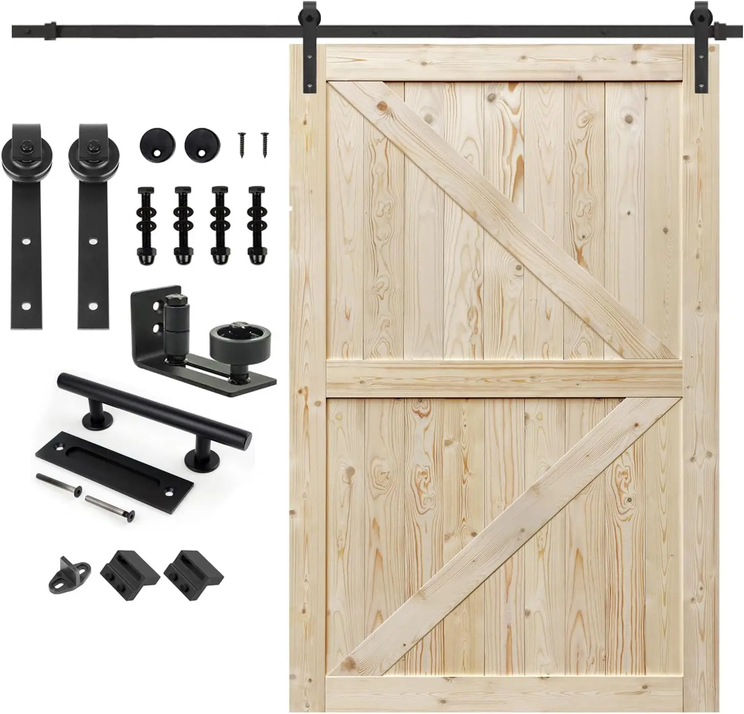 S&Z TOPHAND® 60 in. x 84 in. Unfinished British Brace Knotty Barn Door with 10FT Sliding Door Hardware Kit/Solid Wood/Sliding