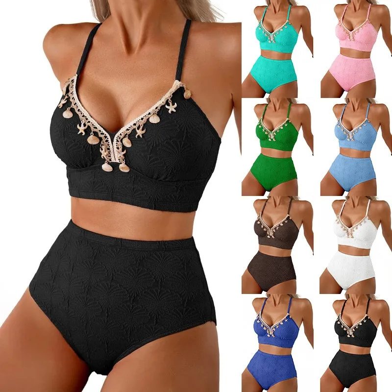 

Swimwear Woman 2026 Bikini High Waisted Bottoms Bikinis Cropped Bra Top Bikini Set Solid Color Two Piece Swimsuit Women Women's