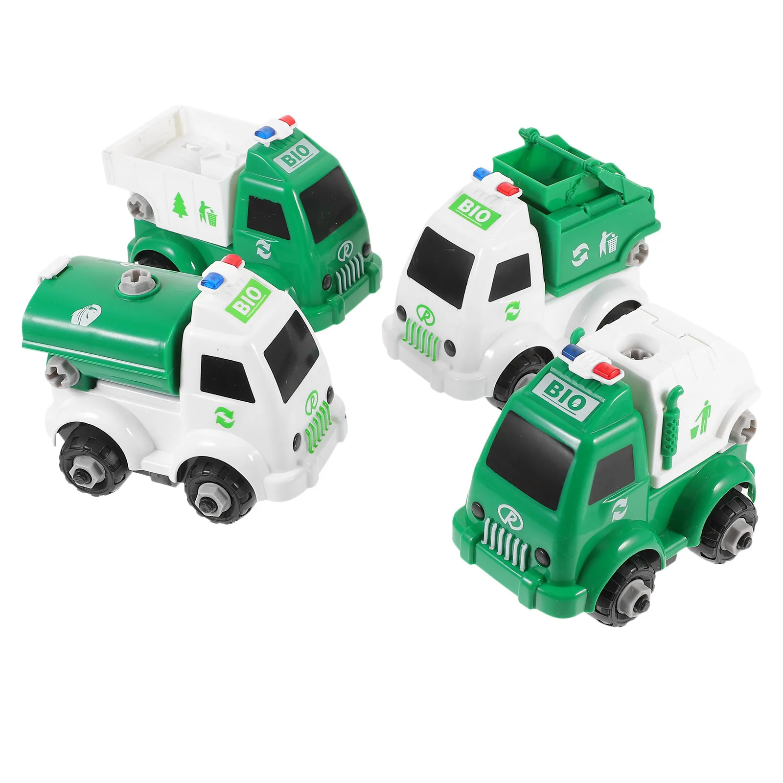 

Набор из 4 машинок-мусоровозов для самостоятельной сборки: развивающий конструктор для детей, развивающий мелкую моторику, экологичный.