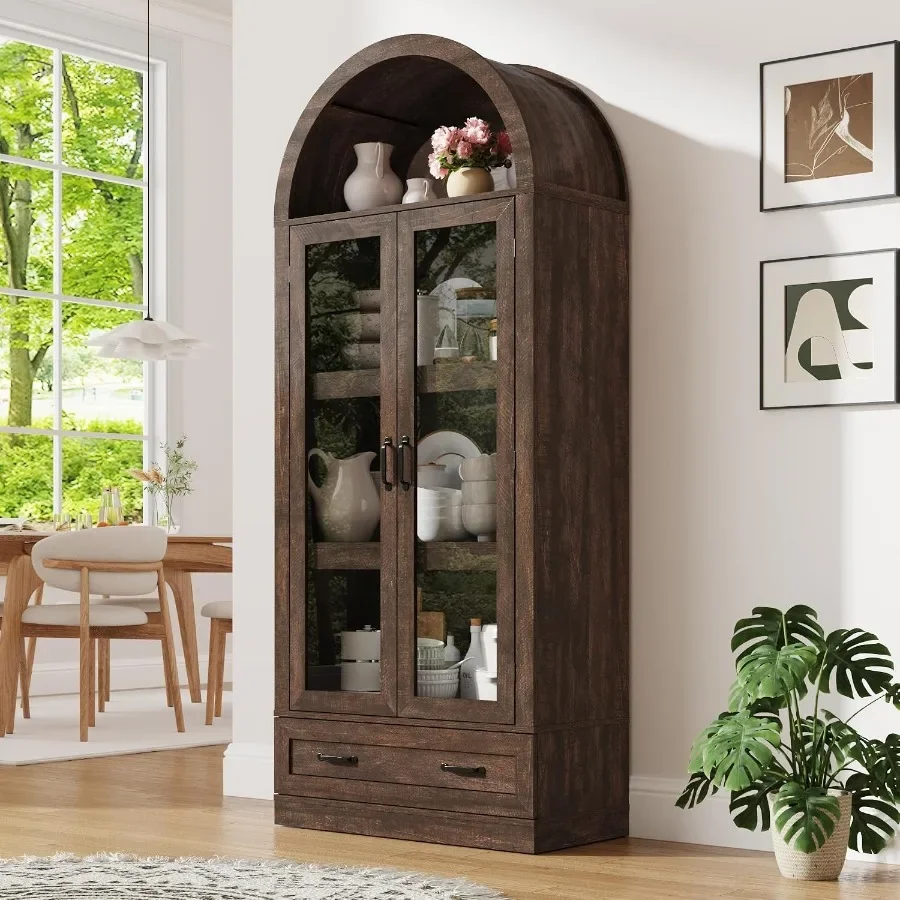 75 Tall Arched Kitchen Pantry Cabinet for Modern Farmhouse Kitchens, Rustic Brown Steel Pipe Construction with Drawer and Glass