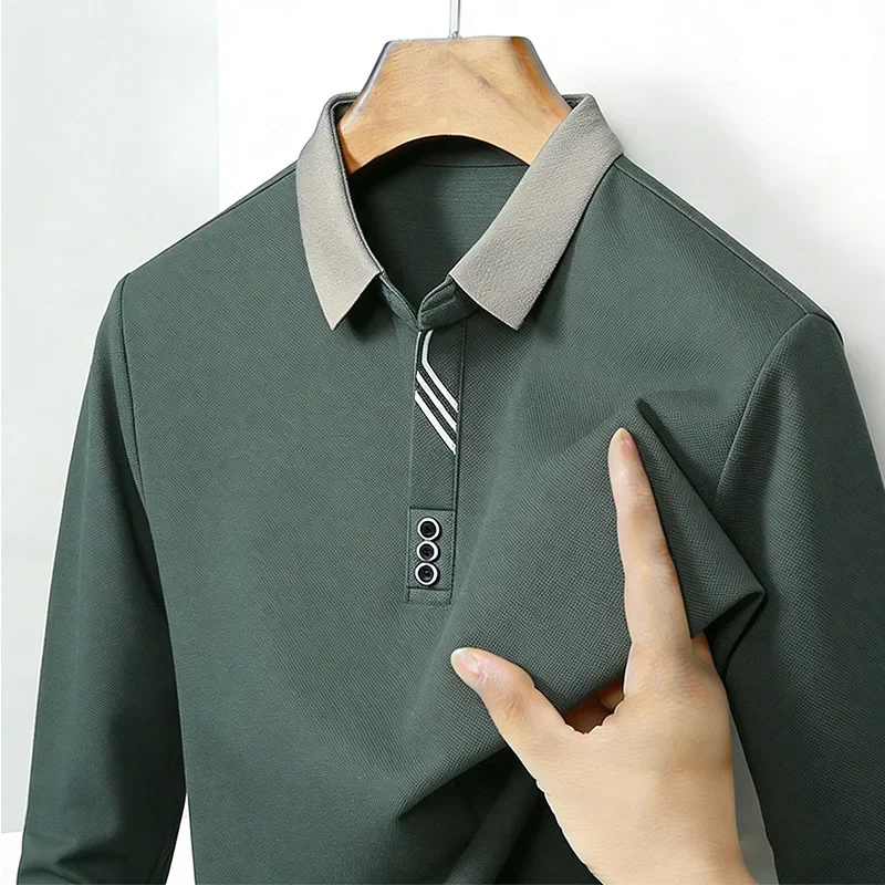 Lässige Business-Herren-Poloshirts mit Langen Ärmeln, Kontrastkragen und Streifendetail für Tägliches Büro-Tragen