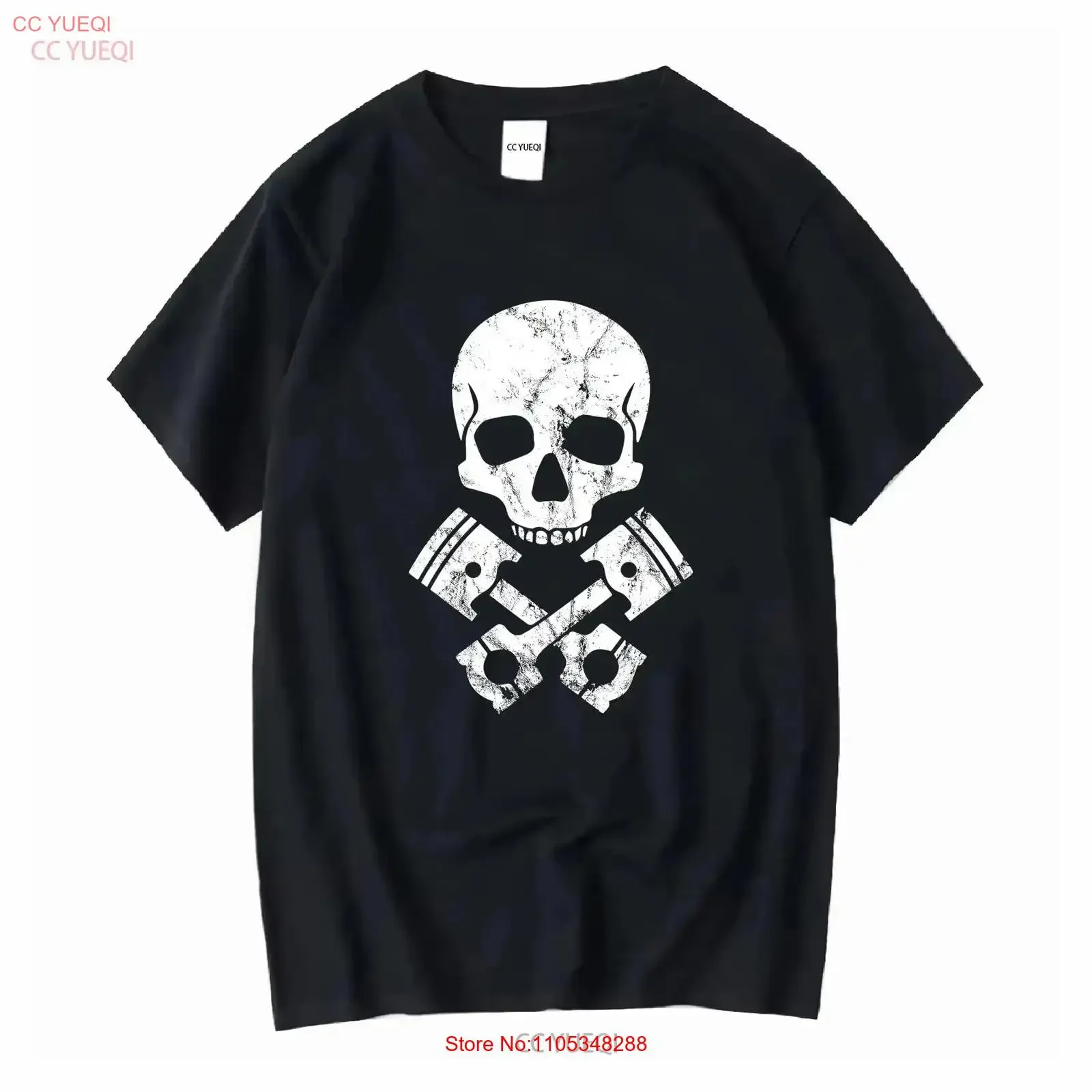 New Limited Motorcycle Hot Rod Skull and Cross Bones Piston T Shirt vintage Washed Comfortable Top For Everyday Wear homme