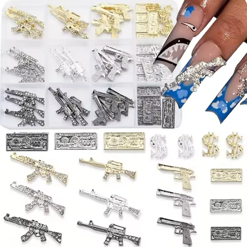 20PCS Nail Art Charms Set With Vintage Cool Gun And Dollar Designs Compartment Mixed Box, Hypoallergenic - Retro Chic Nail