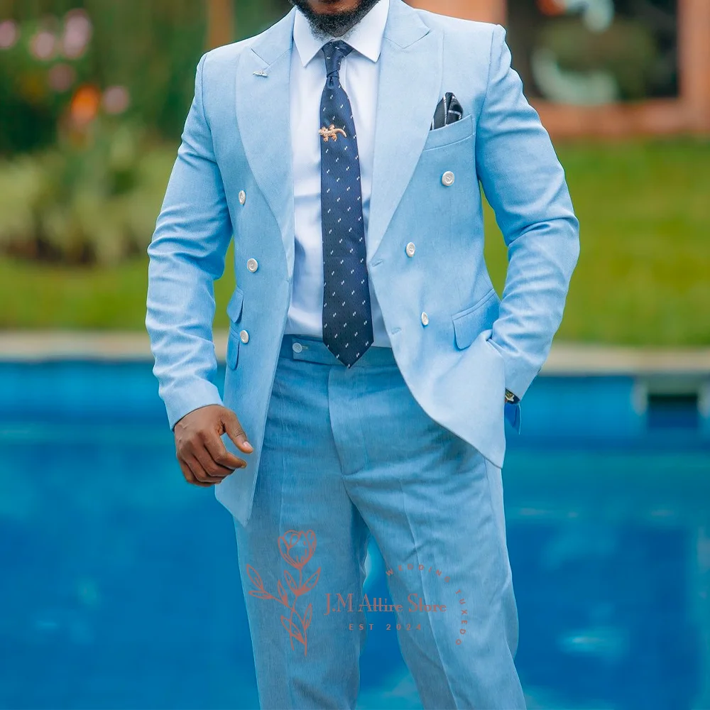 Sky Blue Men Suits 2 Pieces Blazer Pants Peak Lapel Double Breasted Custom Tuxedo for Business Wedding Evening Prom Party