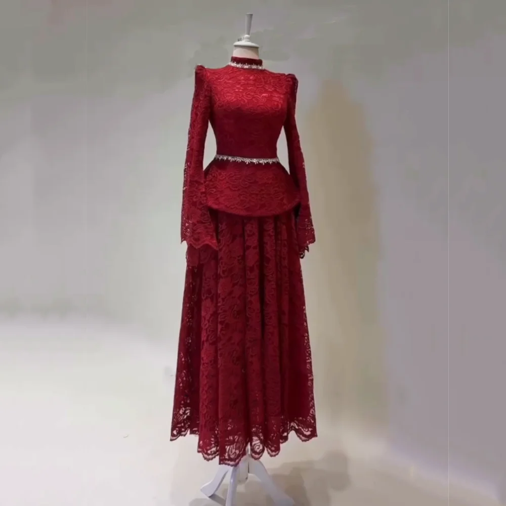 

Customized Grace Rhinestone High Collar A-line Lace Long Dresses Women's Evening Dress Bespoke Occasion Elegant Party Gown