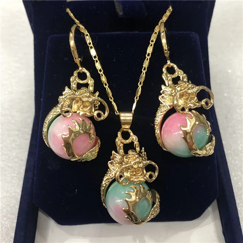 Vintage Natural Stone Pendant Necklace Earrings Jewelry Set Copper Alloy Chain Collar Women Fashion Wedding Party Jewellery Gift