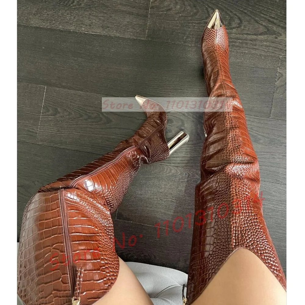 

Pointy Gold Toe Croc Long Boots Women Sexy Leather Splicing Gold Thick High Heels Zipper Boots Ladies Winter Thigh High Shoes