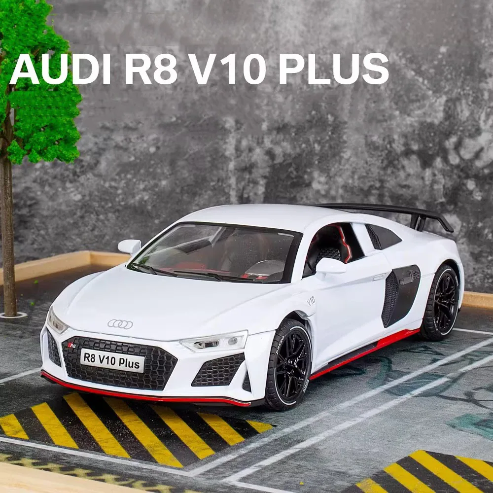 Coche fundido a presión de aleación AUDI R8 V10 Plus, escala 1:24, juguetes, modelos en miniatura, rueda extraíble, vehículos ligeros con sonido, modelo, regalos para niños