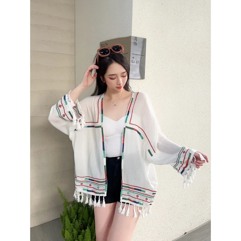 Spring and Summer Thin Cardigan Vintage Ethnic Style Sunscreen Tops Embroidered Tassel Cardigan Black White Available