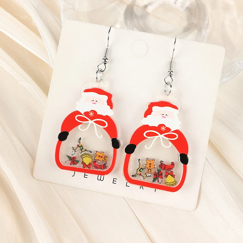 1Pair Christmas Quicksand Drop Earring Acrylic Tree Snowman And Santa Claus For Woman Girl Holiday Birthday Gift