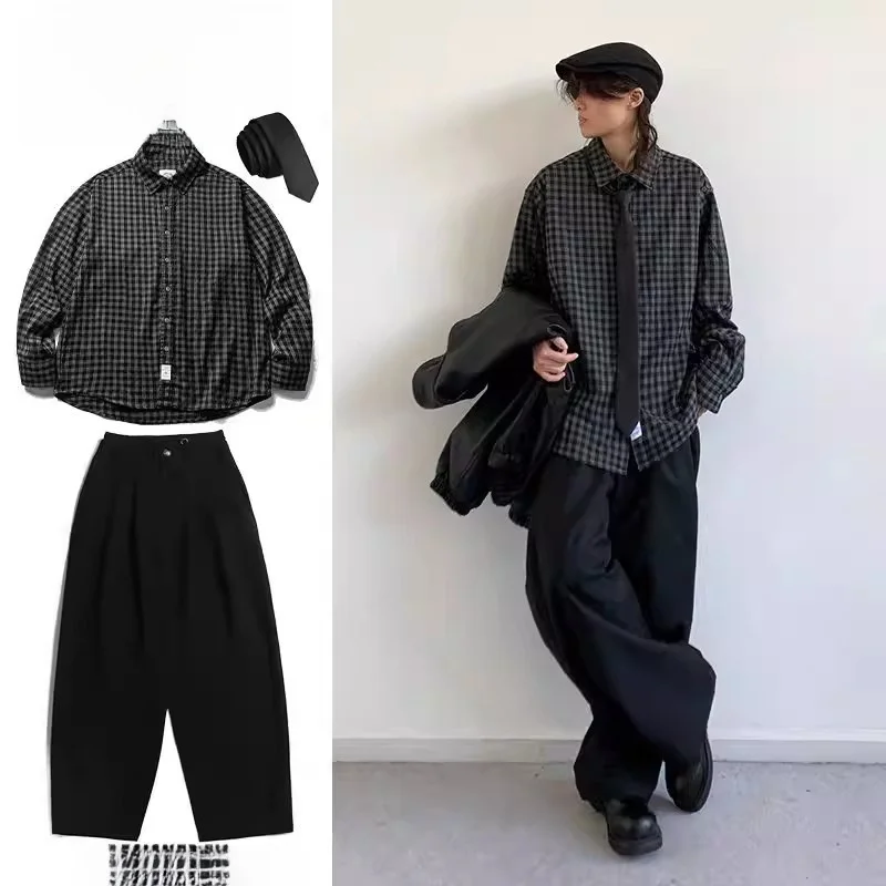 

Retro Bla Plaid Collared irt Set of Tee ex Spring Autumn Neutral Sle Long Sve Polyester Blend M Model