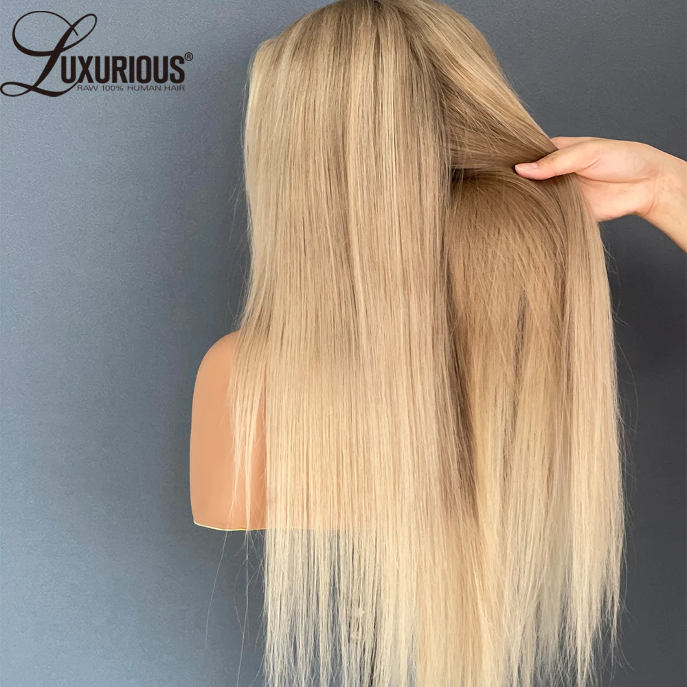 Perruque frontale en dentelle de couleur blond platine avec racines foncées perruques de cheveux humains brésiliens pour les femmes perruque blonde cendrée avec noeuds blanchis