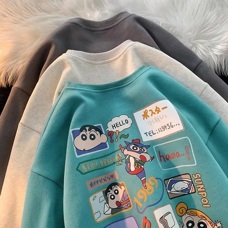 New Kawaii Cute Crayon Shin-Chan Oversize Long Sleeved Tops Hoodies Autumn Winter Round Neck Tops Cartoon Print Gift for Girls