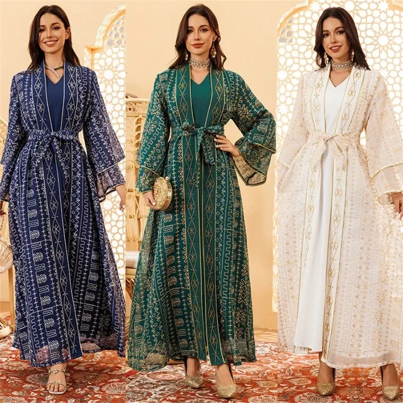 Ramadan Muslim Mesh Stripe Embroidery Abaya Two Piece Set Dubai Stylish Maxi Dress Belt included Double-Layer Sleeve