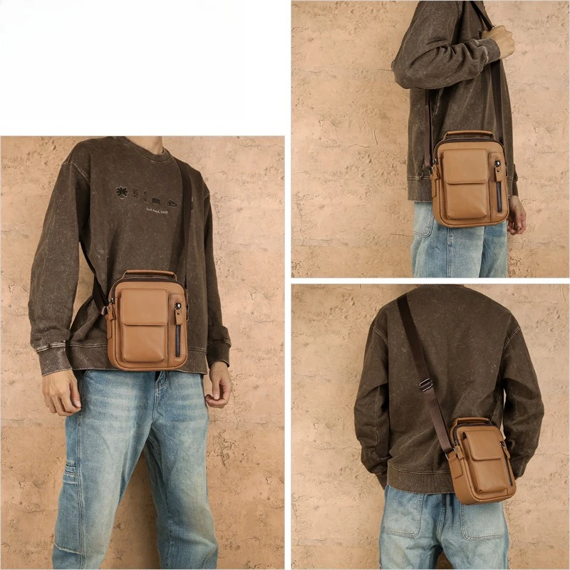 Men's genuine leather square crossbody bag, casual commuting vertical single-shoulder bag, multi-functional hand-held men's bag
