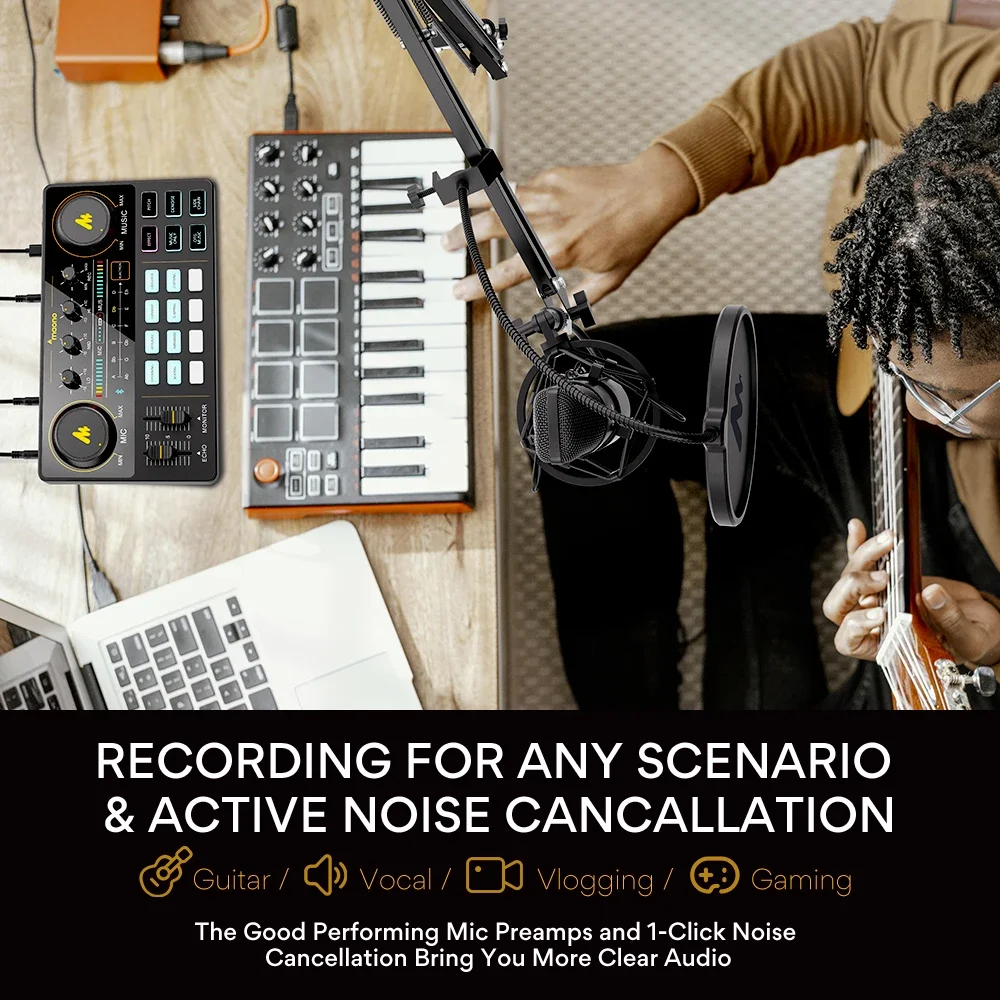 MAONO CASTER Professional Sound Card with 25mm Condenser Studio Microphones Podcast Audio Interface Live Streaming Bundle Mixers