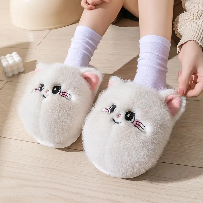 Women's fluffy outdoor kitty sliper woman fuzzy kitten mules winter warm house shoes New shaggy slippers that look like your cat