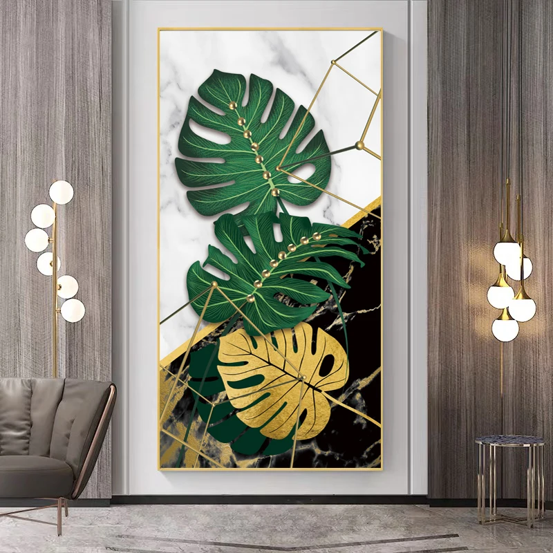 

Luxury Gold Green Monstera Leaf Poster Marbling Decorative Paintings Canvas Wall Art Pictures Modern Living Room Home Decoration