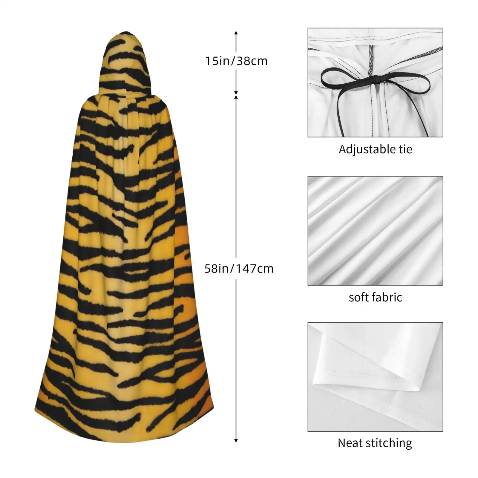 Capa con capucha unisex para adultos, abrigo ligero con estampado de piel de tigre para disfraces de Halloween