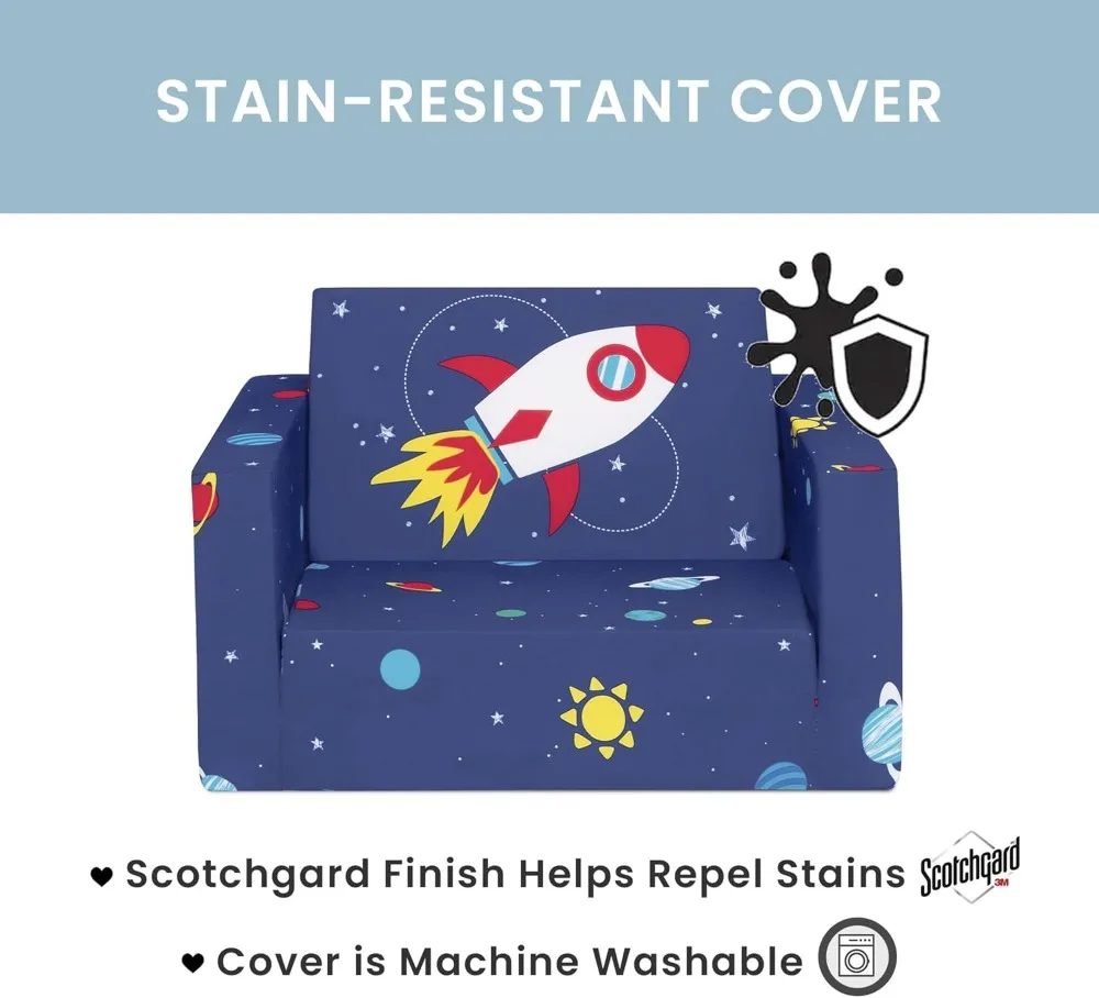 2-in-1 어린이용 소파 겸 침대, 폼 소재, 얼룩 방지 세탁 가능 커버, 사이드 포켓, 우주 테마