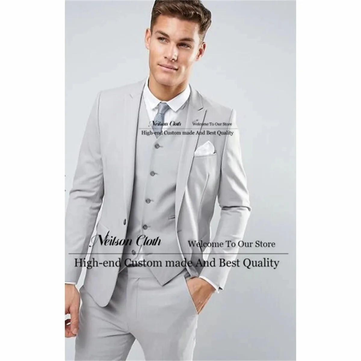 

Fashion Gray Men Suits Peaked Lapel Groom Wedding Tuxedos 3 Pieces Sets Male Prom Blazers Slim Fit Groomsmen Terno Masculino