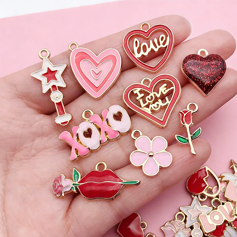 60/30pcs New Accessories Pink Valentine's Day Love Cat Flowers Enamel Charms for Sweet Keychain DIY Jewelry Gift for Friends