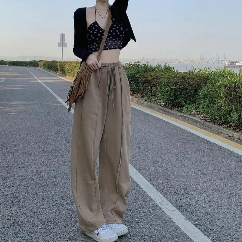 

Women's Khaki Drawstring Sweatpants Fashion High Waist Straight Wide Leg Pants Simplicity Baggy Bind Feet Trouser Ladies Autumn