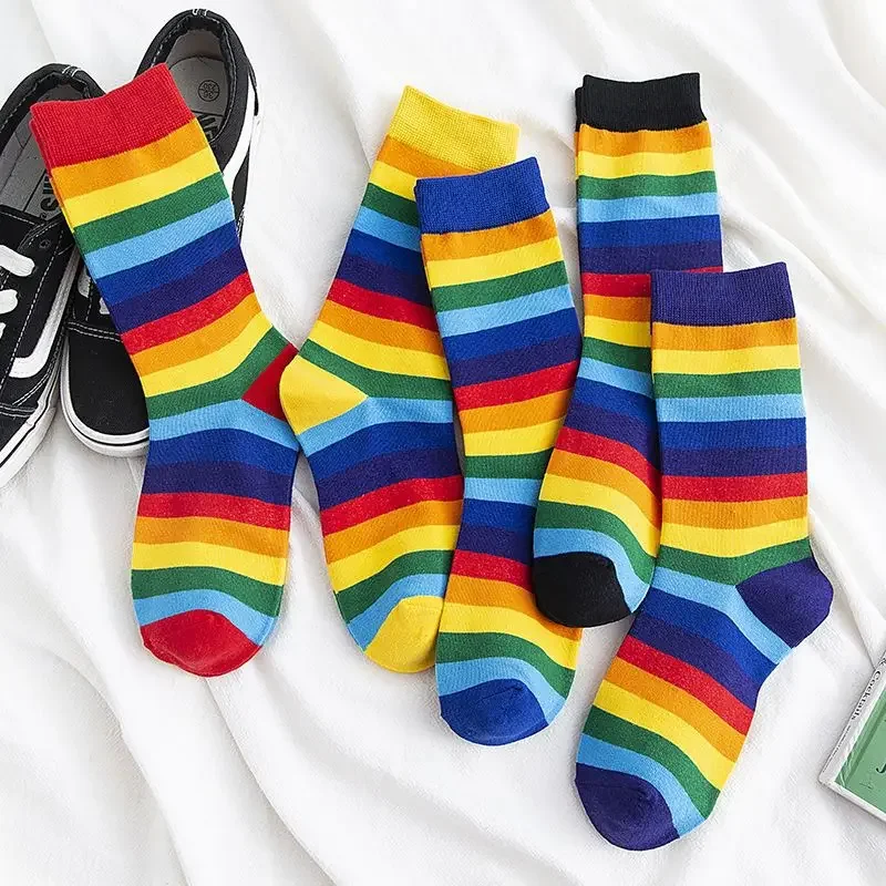 Rainbow socks female Korean version medium tube versatile ins super  style Internet celebrity student striped color stockings