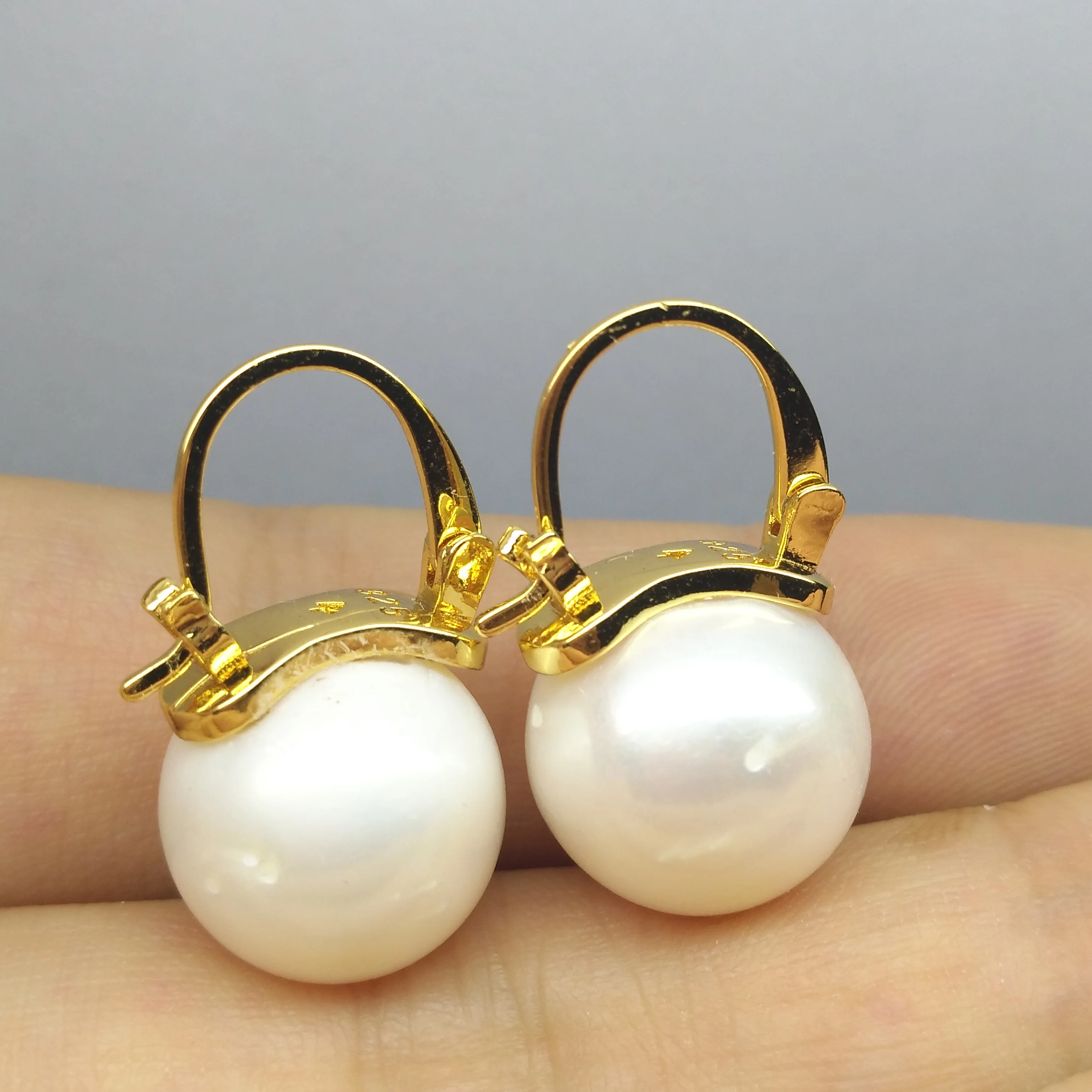 Real 925 Sterling Silver Yellow Hoops 12-13mm South Sea White Drop Genuine Pearl Earrings Exceptional Special Gift Free Shipping