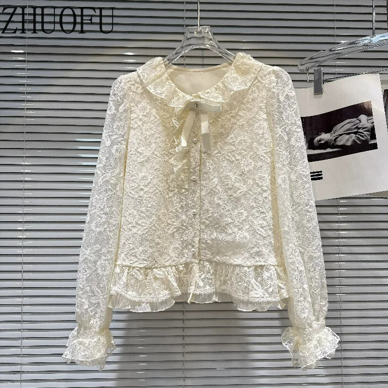French Sweet Beautiful Women's Shirt Sweet Cute Doll Collar Hook-up Embroidery Lace Long Sleeve Lace 2026 Autumn Shirts Ladies