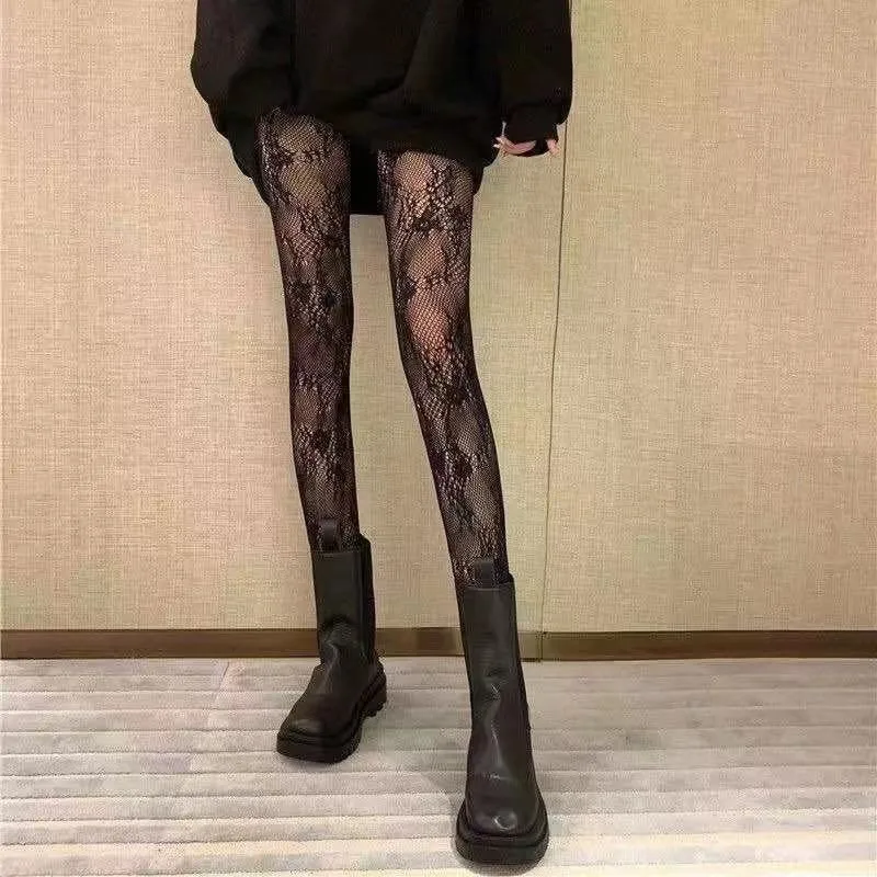 New Shiny Diamond Fishnet Socks Spring Summer Autumn Flower Vine Moon Butterfly Chequer Hollow Thin Lace Pantyhose Black White