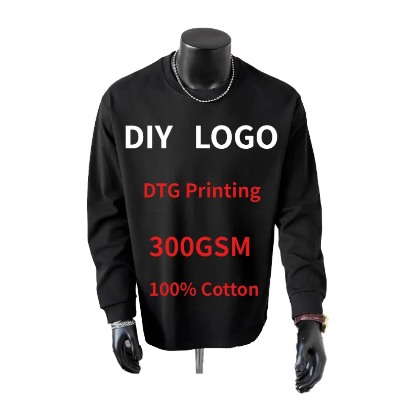Customized Logo DTG Printing 300Gsm Heavyweight Cotton Mens T-shirts High Quality Loose Casual Long Sleeve Tees Team Clothing