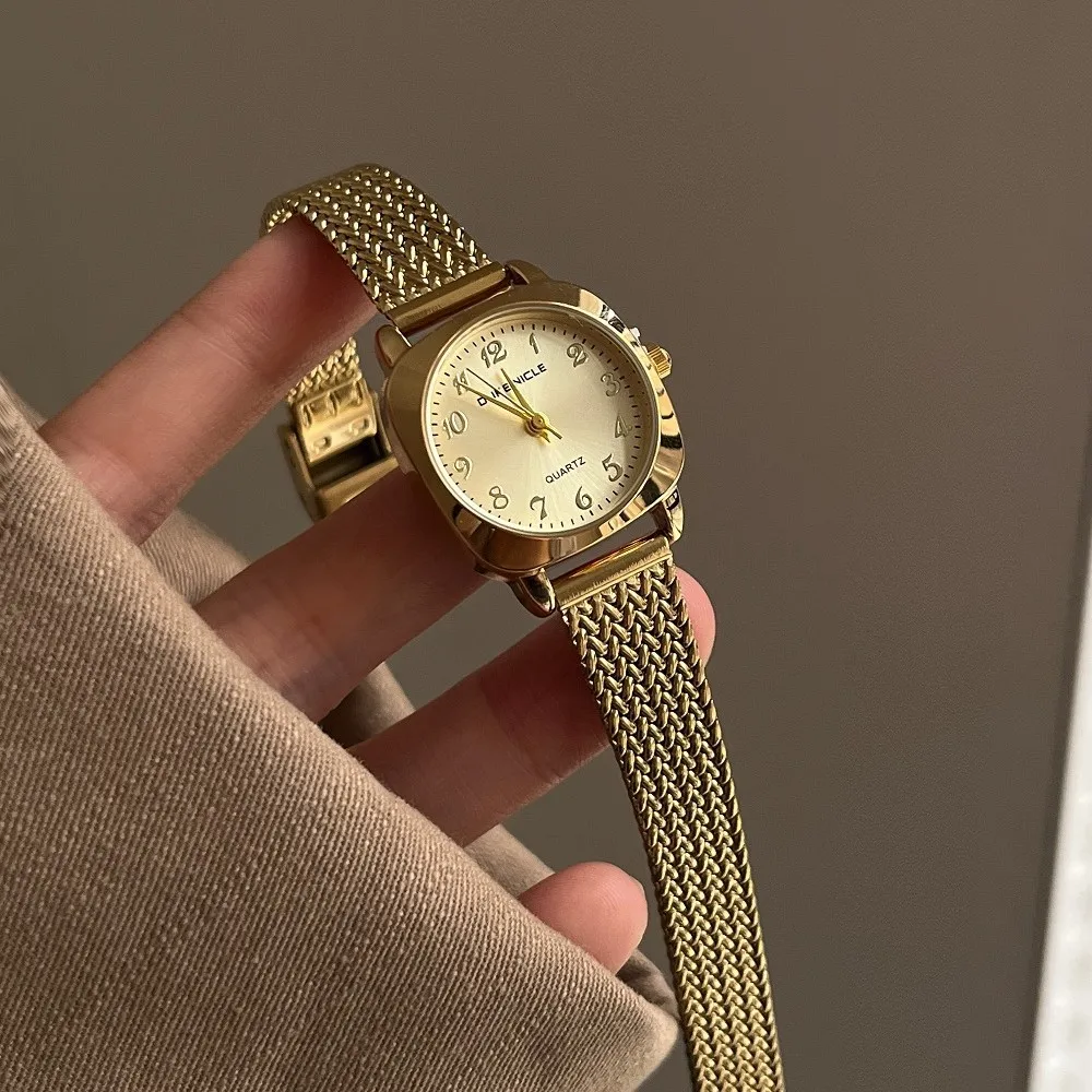 

Элегантные деловые женские кварцевые часы с золотым ремешком из нержавеющей стали, женские наручные часы с арабскими цифрами на циферблате, подарки, Reloj Mujer