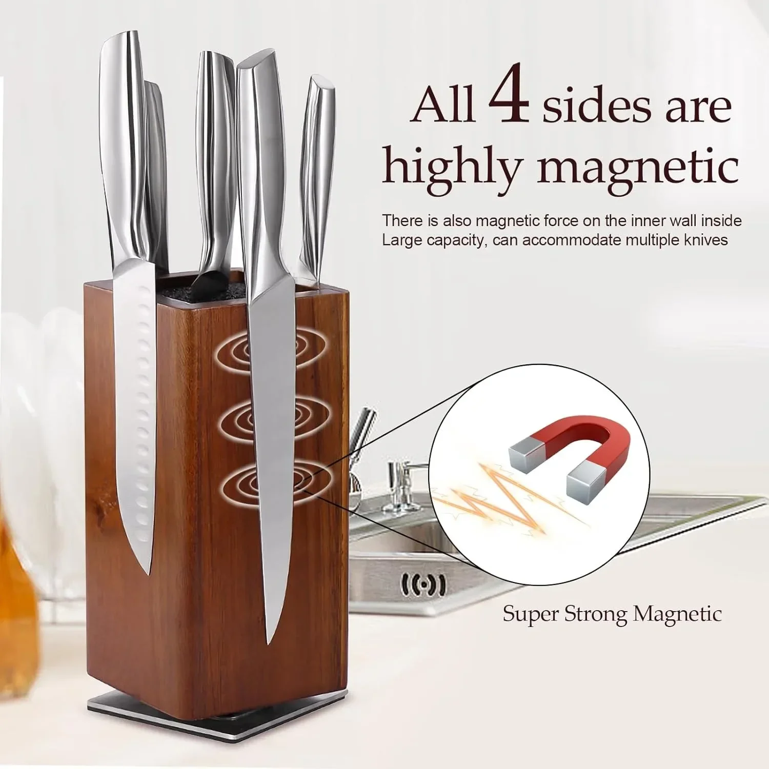 High Quality Universal Magnetic Knife Block, 360° Rotatable Magnetic Wood Knife Holder for Knives and Utensils for Kitchen