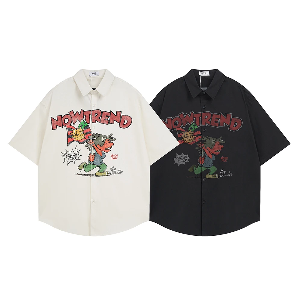 Cartoon Printed Shirt Casual Short Sleeve Vintage Shirts For Man Y2k Oversized Cotton Designer Tops Korean Popular Clothes Men