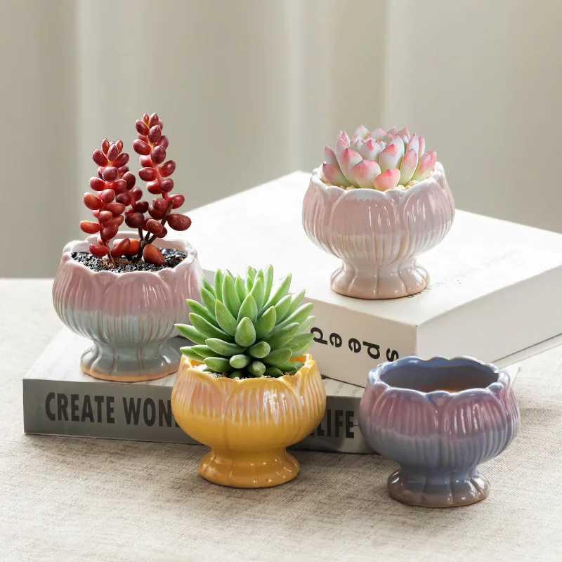 Creative Ceramic Flowerpot Petal-Rim / Lotus Shape Succulent Planter Desktop Ornament for Home Garden Decor