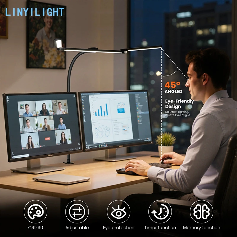 3-Head 15W LED Desk Lamp Clamp Desk Lamp Eye-Caring Desk Light Flexible Rotating Lamp Head Reading Lights for Home Reading Game