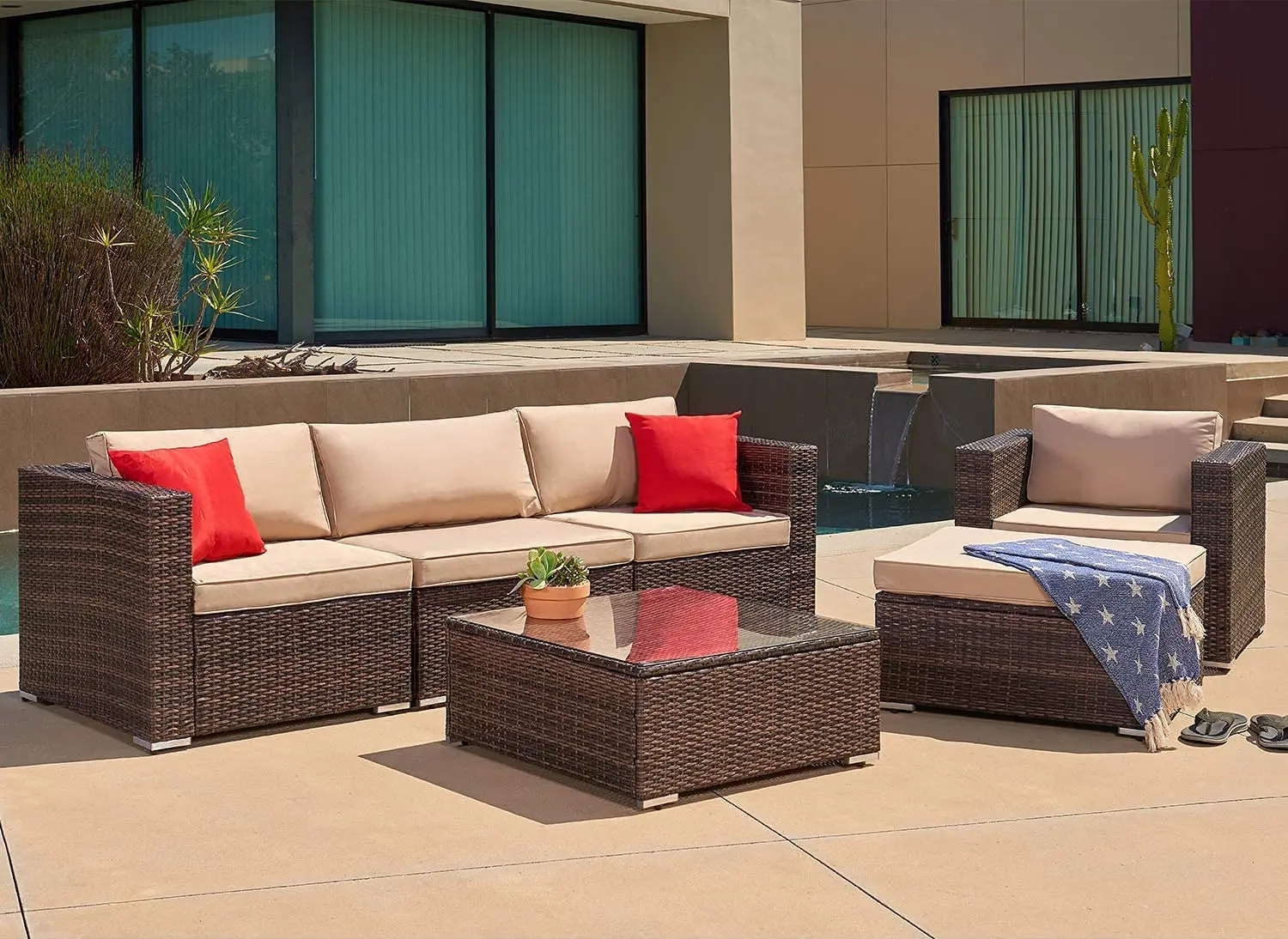 6-Piece Outdoor Patio Sectional Sofa PE Rattan Wicker Conversation Set With Cushions & Coffee Table, Customized