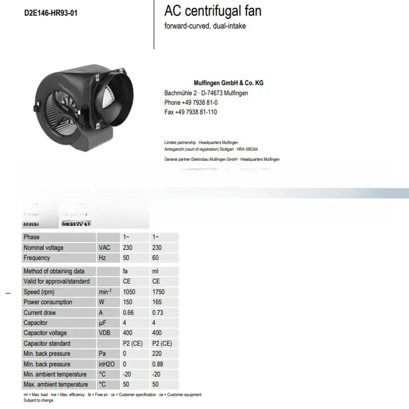 Original 100% Working Cooling Fan for D2E146-HR93-01 M2E068-CF 230V 50 60Hz 0.66 0.73A 150 165W for Server Rack Cabinet PC