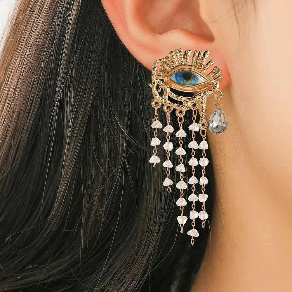 Vintage Devil\'s Eye Earrings Long Tassel Rhinestone Earrings Girl Shiny Zircon Crystal Dangle Earrings Personality Fashion