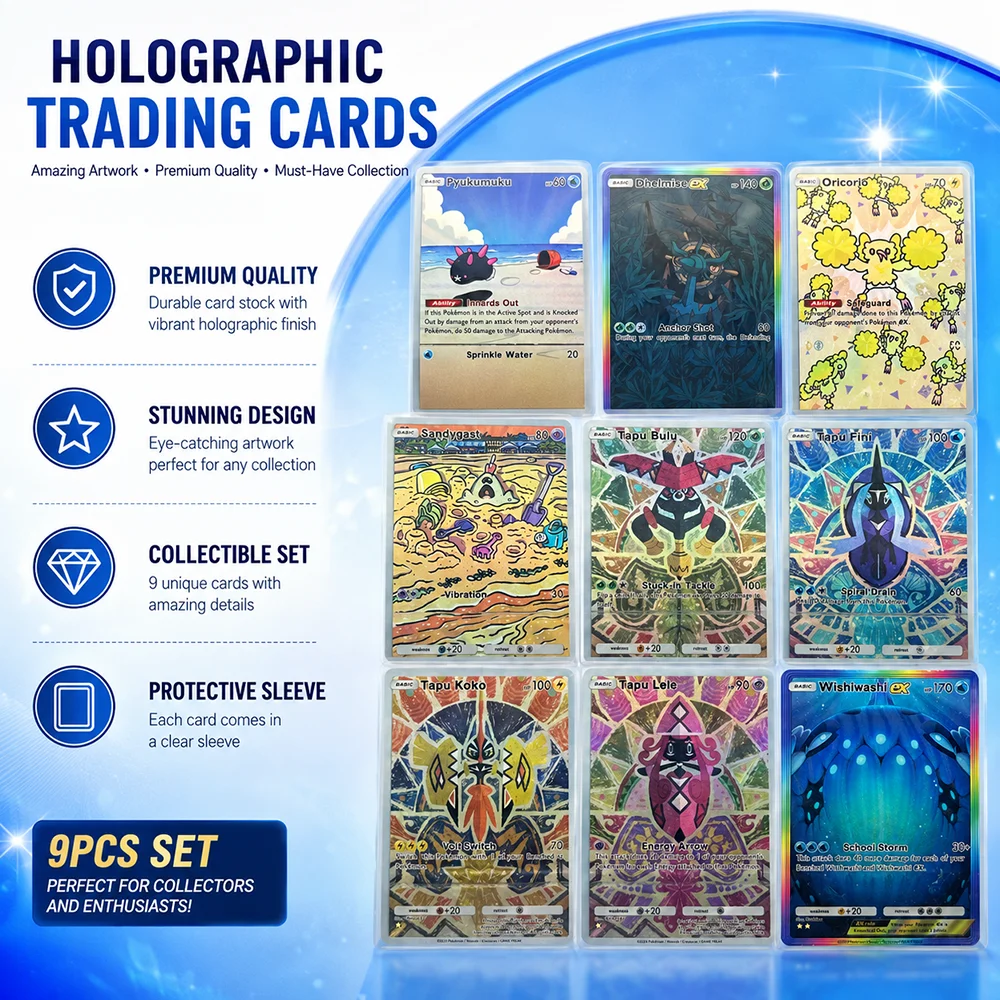 

PTCG 9PCS Holographic Island Guardian Trading Card Set Tapu Koko Tapu Lele Tapu Fini Wishiwashi EX Collector Display Cards