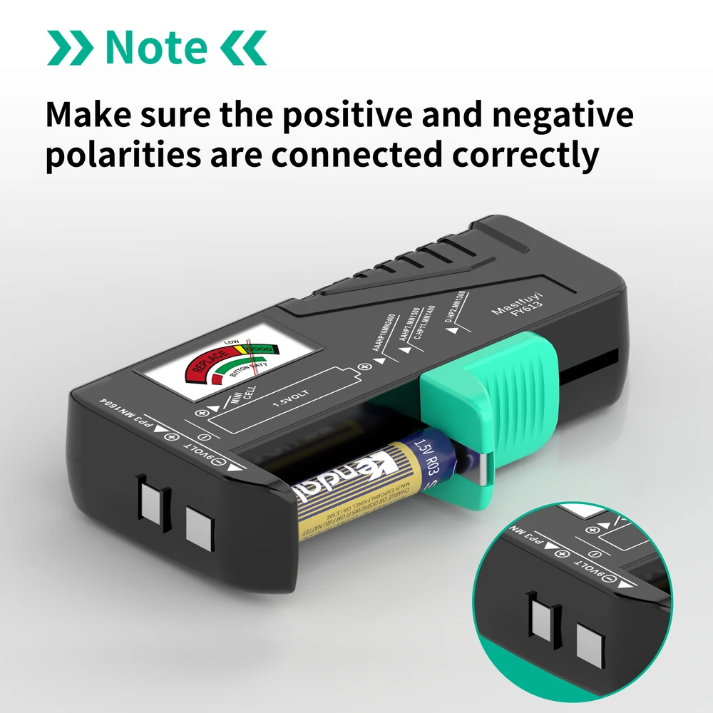 Imagem -02 - Mastfuyi-testador de Bateria Célula Botão Verifique Detector Ferramenta de Diagnóstico Doméstico Universal 1.5v 9v aa Aaa Fy613