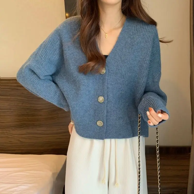 V Neck Knitted Sweater Cardigans Women 2023 Autumn Winter Long Sleeve Knitwear Woman Korean Style Solid Color Outerwear Coats