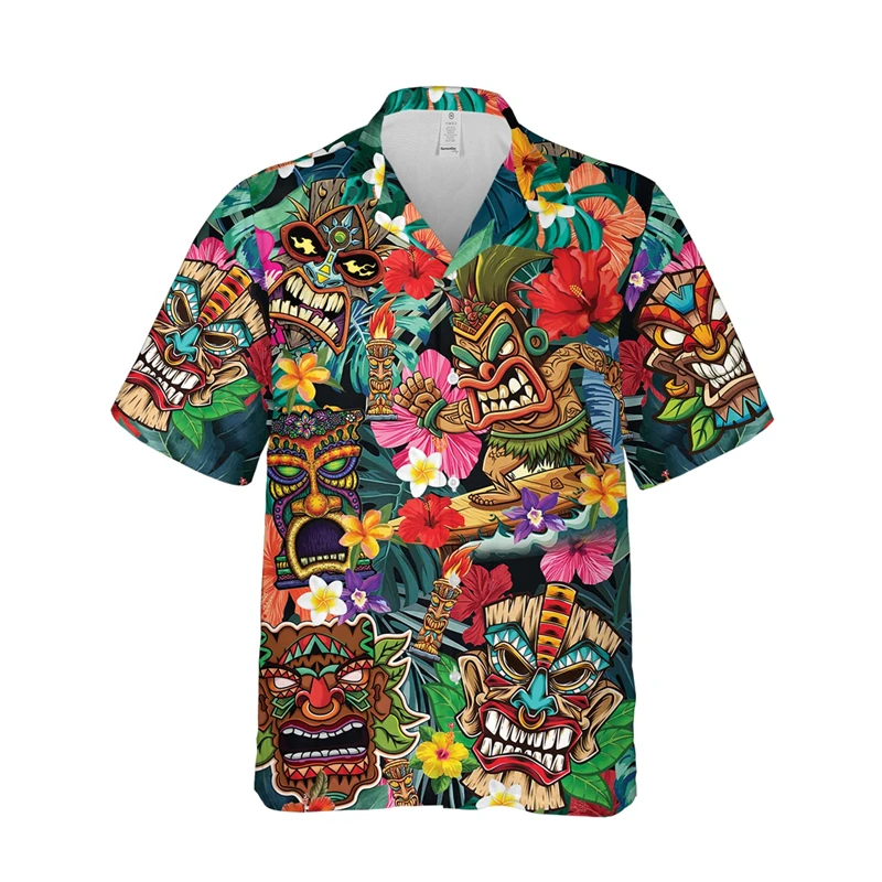 

Tiki Tribal Mask 3D Printed Hawaiian Beach Shirts Hip Hop Male Streetwear Vintage Surfing Vacation Blouses Aloha Lapel Blouse