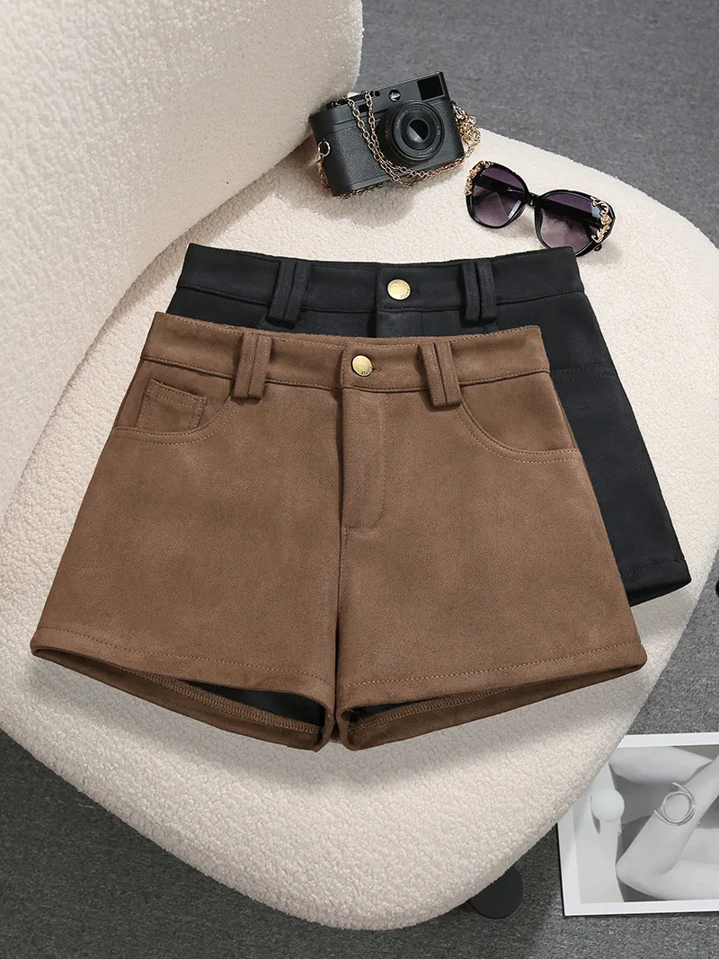 Harajuku Retro Korean Suede High Waist Shorts For Women Coffee Brown Wide Leg Bodycon Pants Winter Fashion Coat Matching Bottoms